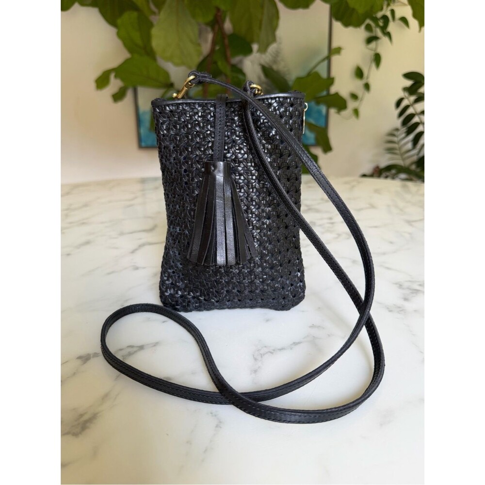 Clare V Poche Bag in Black Rattan Woven Leather with Tassel